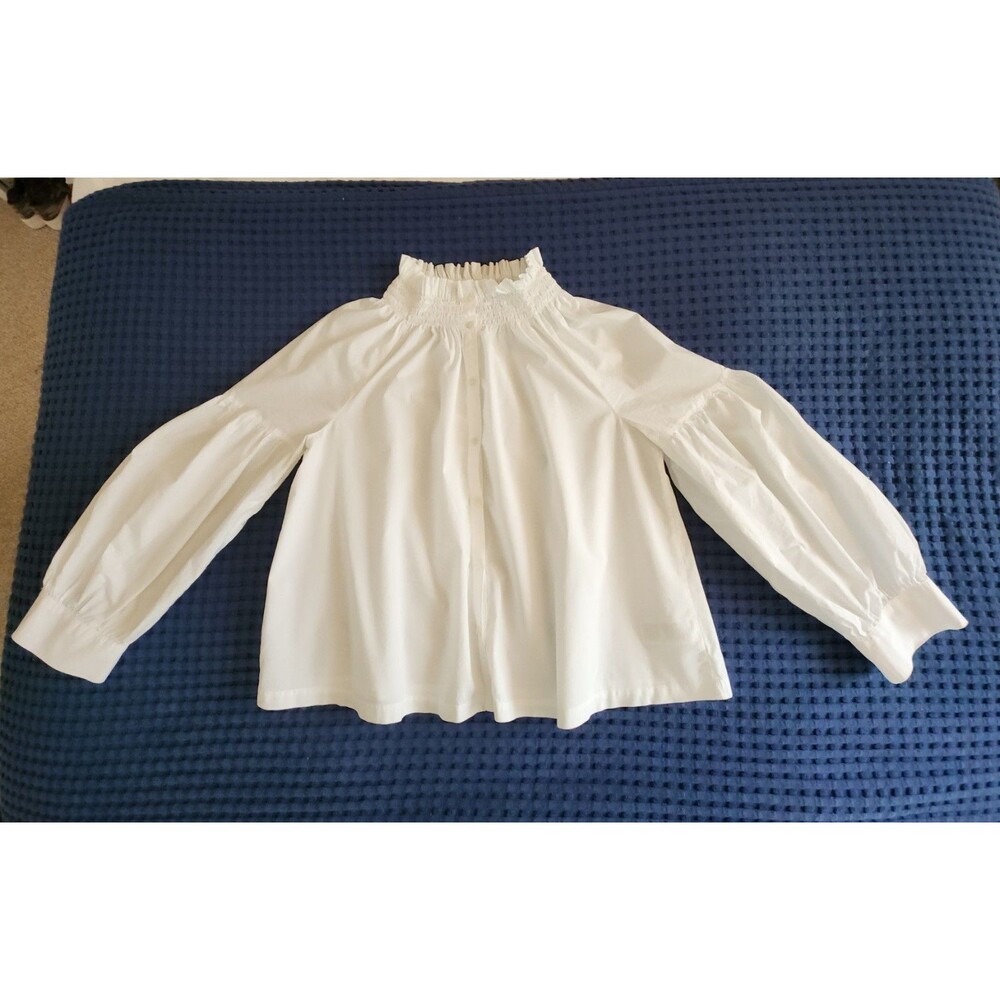 Gap Womens Medium White High Neck Smocked Ruffle Blouse Long Sleeve Cotton